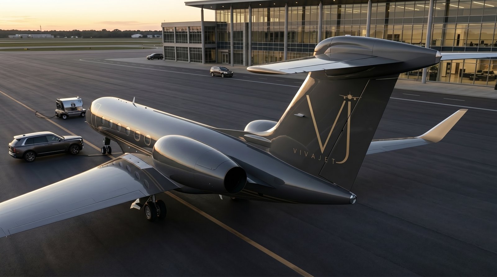 VivaJet aircraft on the tarmac at sunset